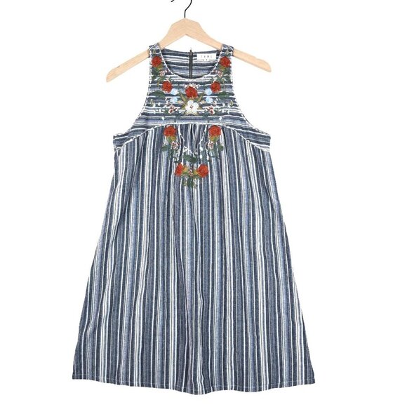 THML Embroidered Striped Sleeveless Dress Size S Navy Multi Floral Boho Festival - Picture 1 of 6